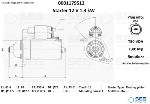 Startmotor 12V 1.5kW 13T SEG BOSCH VAG-3